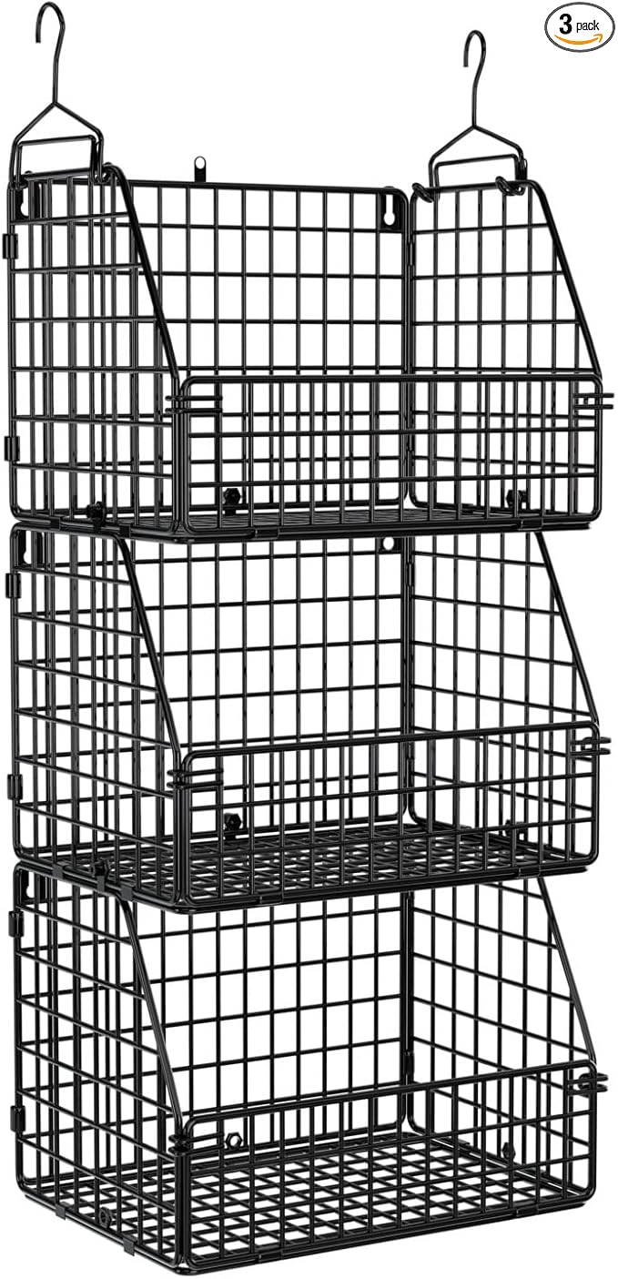 Stackable Wire Storage Baskets for Kitchen Closet Pantry, Hanging Closet Organizers Storage Shelves Organization, Wall Mount Metal Basket Bins, Clothing Vegetable & Fruit Organizer 3 pcs-Ruum Studio Home
