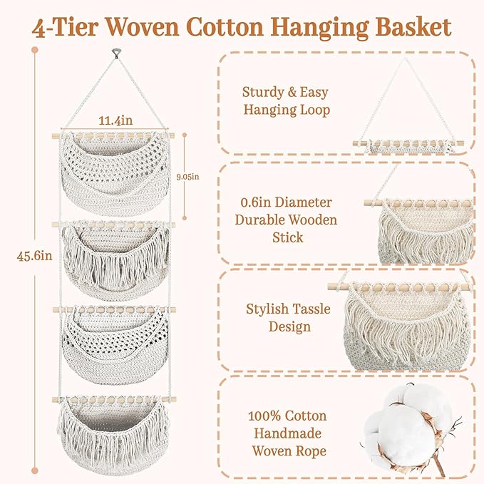 4 Tier Hanging Fruit Basket for Kitchen, 4 Pack Detachable Cotton Crocheted Wall Hanging Baskets Shelf Over Door Organizer for Fruit Veggie Plant, Hanging Storage Basket for Bathroom Bedroom(Beige)-Ruum Studio Home