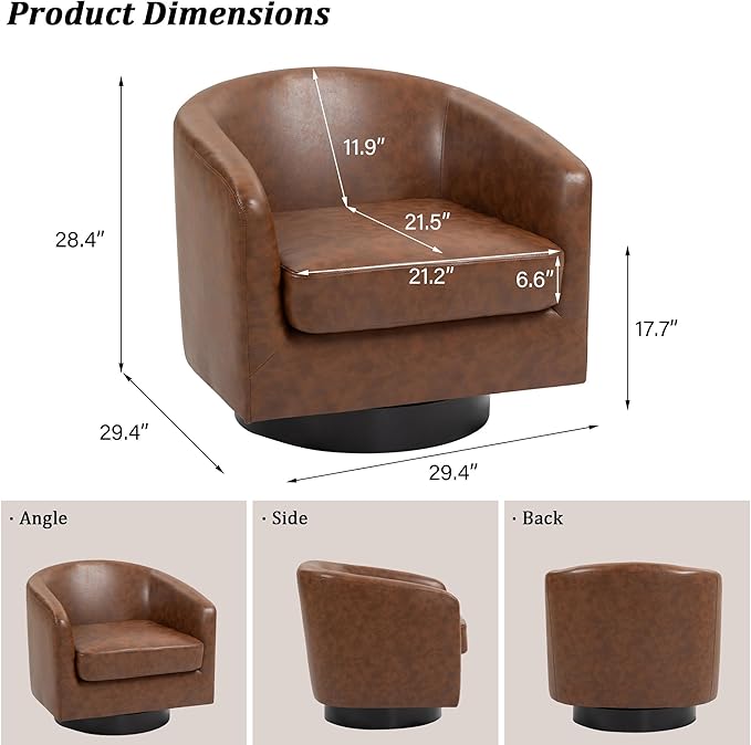 Swivel Barrel Accent Chair, Modern Round Faux Leather Arm Chair for Living Room, Bedroom, Comfy Club Reading Chairs for Adults(Faux Leather, Coffee, Set of 2)-Ruum Studio Home
