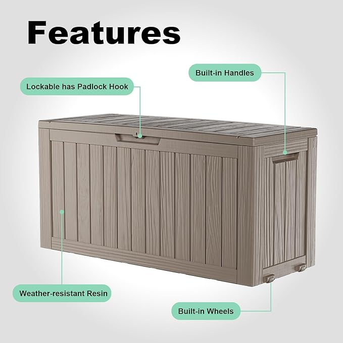 DRATO 75 Gallon Deck Box, Waterproof Resin Large Outdoor Storgae Box for Patio Furniture, Patio Cushions, Gardening Tools, Pool and Sports Supplies, Lockable-Ruum Studio Home