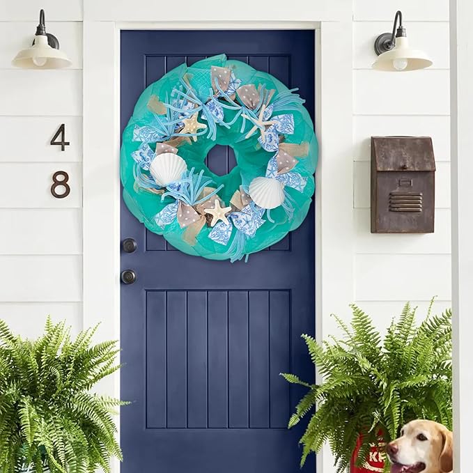 26 Inch Coastal Seashell Large Wreath with Natural Starfish & Scallops Shell, Lake Blue Beach Style Front Door Wreath with for Spring Summer, Farmhouse Rustic Indoor Outdoor Home Wall Wedding Decor-Ruum Studio Home