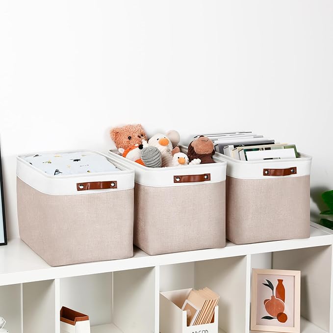 DULLEMELO Fabric Storage Bins, Lining Fabric Baskets For Gifts, Large Storage Baskets for Toys Books Clothes Storage, Foldable Storage Basket for Office Home Shelves Closets Organizing(White&Khaki)-Ruum Studio Home