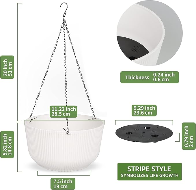 Dexceder 11.2 Inch Self Watering Hanging Planters Indoor Outdoor, Thickened Hanging Basket Flower Plant Pot (2 Pack, White)-Ruum Studio Home