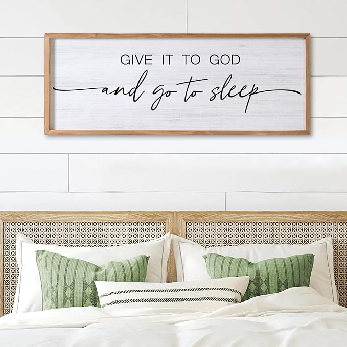 Give It to God and Go to Sleep Decorative Rustic Sign & Plaque Framed Wall Art for Couples, 40''×15'' Vintage Cottagecore Wooden Horizontal Wall Decor Above Bed, Farmhouse Wedding Gift for Bedroom-Ruum Studio Home