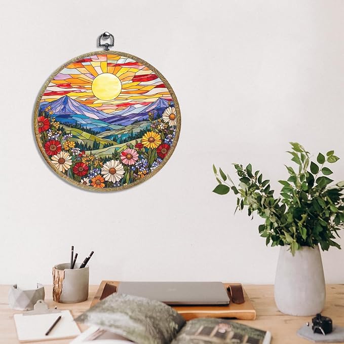 Wildflowers Sunset Flower Floral Garden Decor, Gift for Mom, Nature Lover Gift Framed Round Wall Decor Canvas Wall Art Hanging Prints Artwork for Home Living Room Office Decorations 10.2X10.2 Inch-Ruum Studio Home