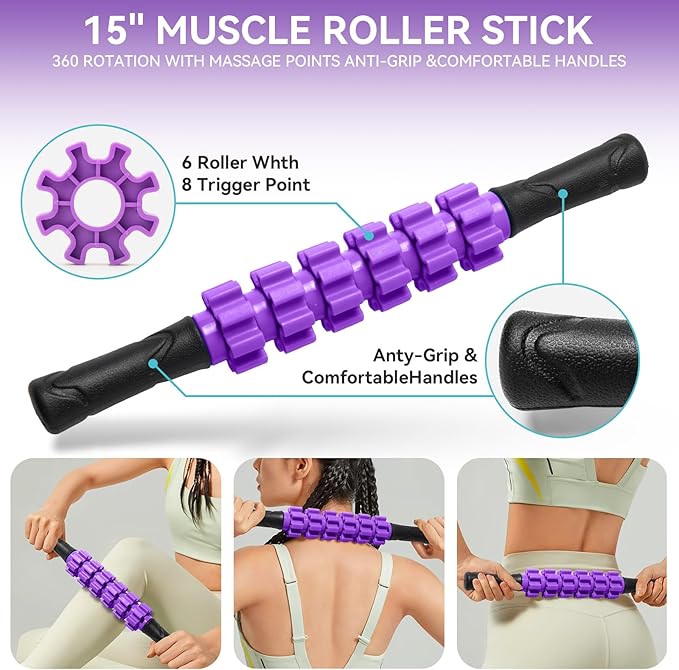 5 in1 Foam Roller Set, High Density Deep Tissue Massager for Muscle Massage, Massage Roller, Massage Ball, Resistance Band for Whole Body Physical Therapy Deep Muscle Massage (Purple)-Ruum Studio Home