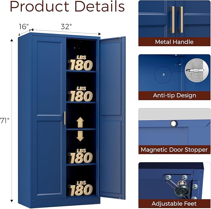 71" Metal Pantry Cabinet, Tall Kitchen Pantry Storage Cabinet with 4 Adjustable Shelves and Gold Handles, Blue Cupboard for Kitchen, Dining Room, Living Room-Ruum Studio Home