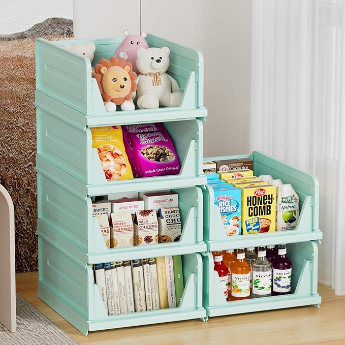 6 Pack Stackable Closet Storage Basket - Stackable Storage Bins, Multifunctional & Foldable Closet Organizer, Wardrobe Cupboard Space-Saving Hat Storage Drawer Organizer, Green-Ruum Studio Home