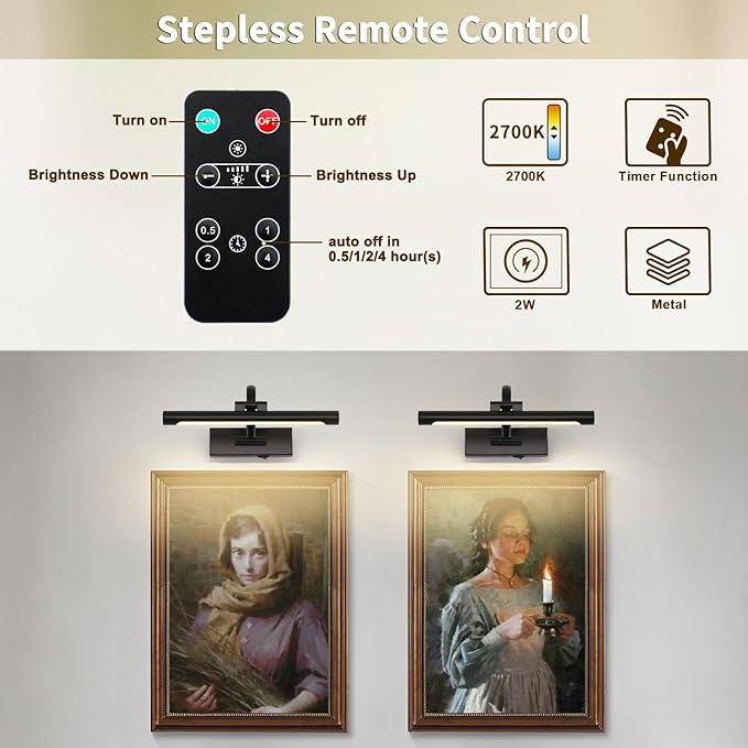Battery Operated Picture Lights for Wall Black Art Light Wireless Gallery Lights with Timer and Remote 12 Inch 2W Warm White-Ruum Studio Home