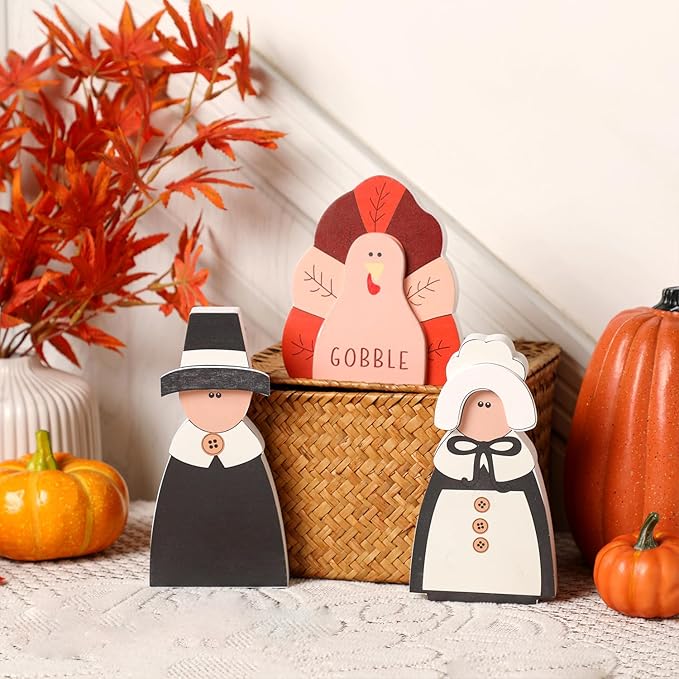 Amorita Fall Thanksgiving Decorations Wooden Turkey Pilgrim Couple Table Sign 3 Pcs Fall Thanksgiving Decor Standing Tabletop Sign Decor for Autumn Harvest - W-Ruum Studio Home