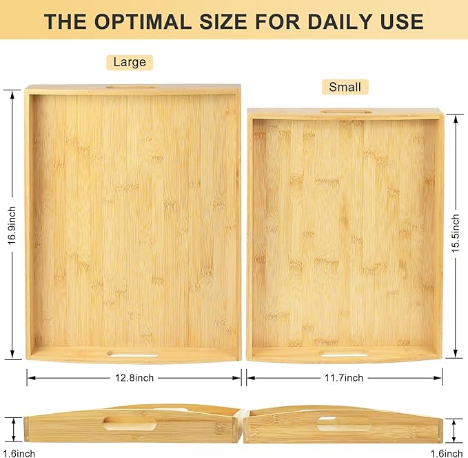 Bamboo Serving Tray Set of 2 Elegant for Coffee, Eating or Decor - Large and Small Rectangle Serving Trays with Handles - Wood Serving Tray Suitable for Home, Kitchen and Outdoor-Ruum Studio Home