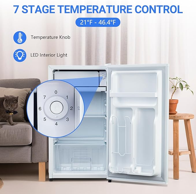 3.2 Cu.Ft Mini Fridge with Freezer, Small Refrigerator with Single Door and Adjustable Thermostat, Shelf, Energy Efficient, Compact Fridge for Bedroom, Office，white-Ruum Studio Home