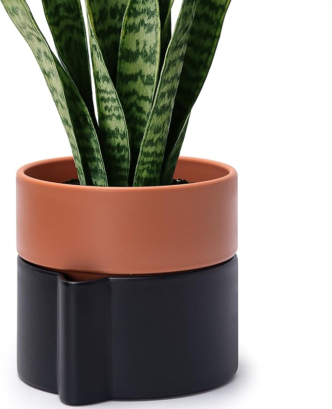 6.5 Inch Self-Watering Planter Pot with Terracotta Insert, Deep Water Reservoir, and Ceramic-Alike BPA-Free Plastic Pot for Plant, Modern Planter for Houseplants, Black/Terracotta, 53-B-S-5-Ruum Studio Home