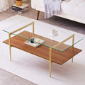 Rectangle Coffee Table, Mid-Century Modern Design, L41 W21 x H17, for Living Room, 2-Tier Structure, Clear Glass Top and Walnut MDF Shelf, Sleek Conical Metal Legs with Gold Finish-Ruum Studio Home
