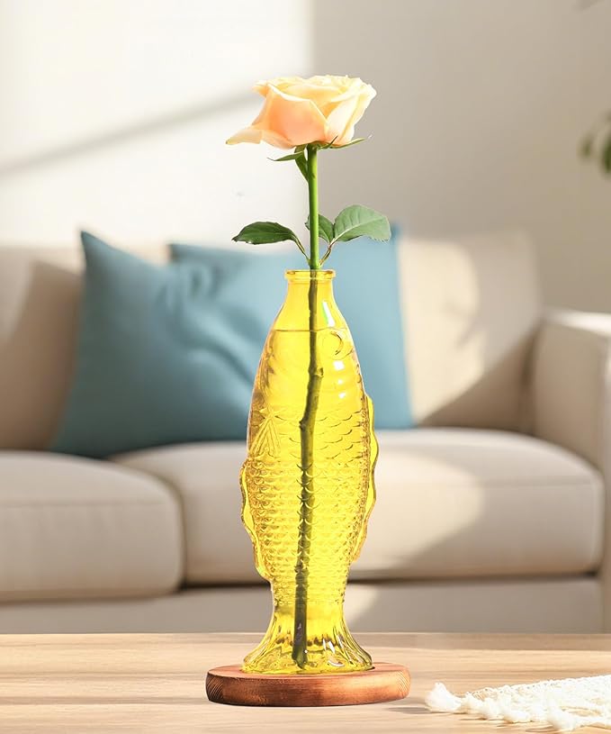 Nacome Fish Vase Glass Plant Terrarium with Wooden Stand,Planter Propagation Station for Home Office Hydroponics Desk Decoration,Unique Gardening Gifts for Plant Lovers Women Mom(Yellow)-Ruum Studio Home