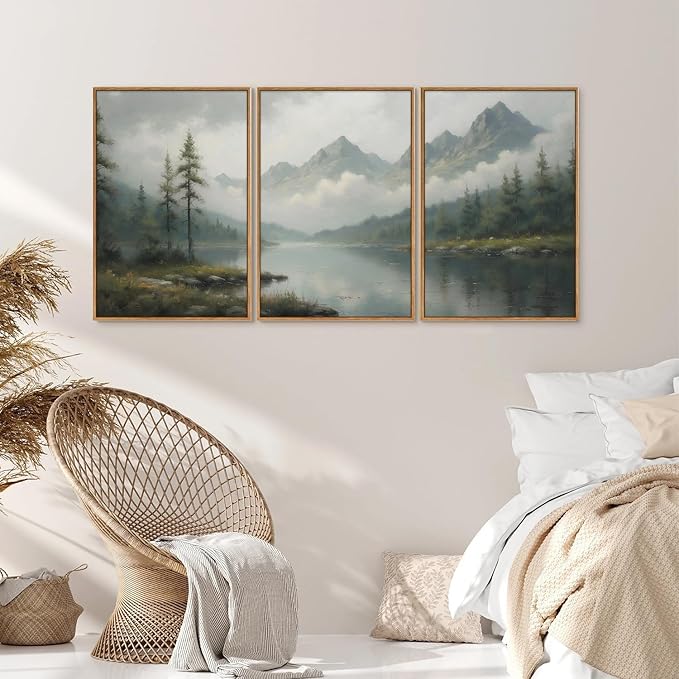 SIGNINART Large Green Forest Framed Canvas Wall Art Set, Misty Mountain Lake Scenery Wall Decor, Modern Foggy Wood Landscape Artwork, Oil Printing Style Nature Art Print for Living Room, Bedroom, Office 16 x24 x3-Ruum Studio Home