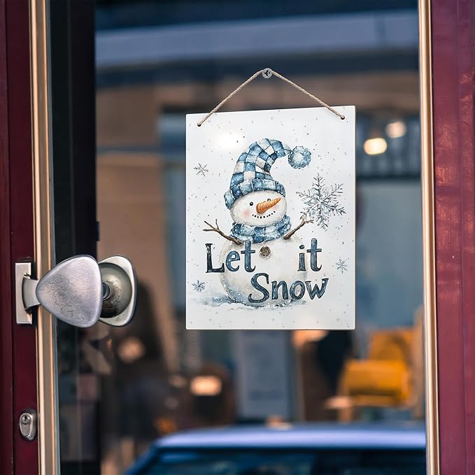 Winter Snowman Hanging Wooden Signs 12x6, Let It Snow Signs, Winter Wall Decor, Winter Door Decor, Blue Snowman Winter Snowflakes Home Room Office Hanging Wall Decor-Ruum Studio Home