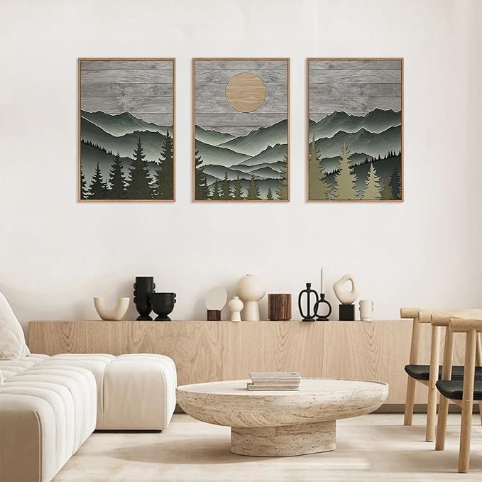 HLNIUC Mountain Framed Canvas Wall Art,Large Green Forest Woodcut Wall Decor Set of 3(16”x24”)Abstract Sun Forest Pine Trees Wall Painting,Rustic Sun Nature Landscape Art Print for Living Room,Bedroom-Ruum Studio Home