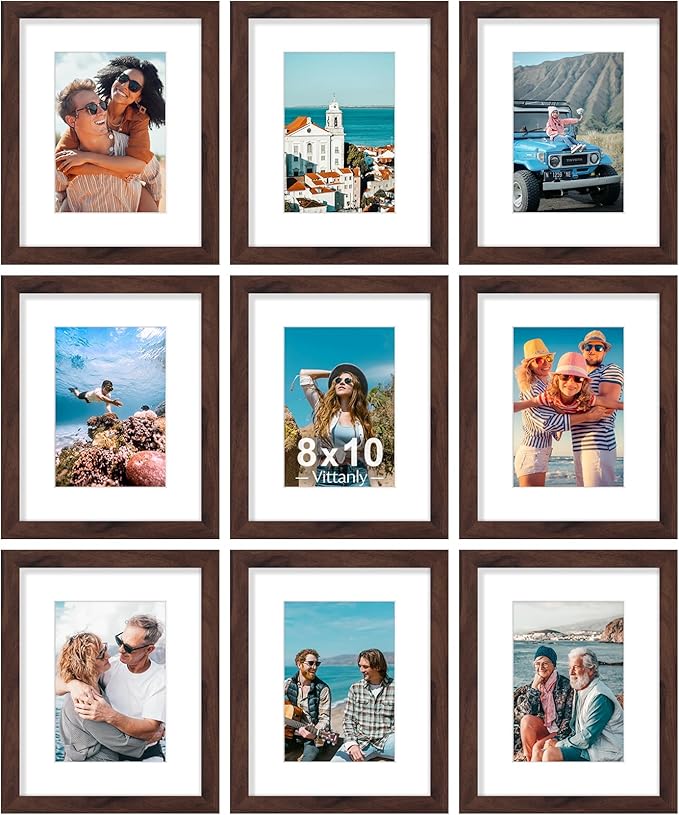 Vittanly 8x10 Picture Frames Set of 9, Shatter Resistant Plexiglass, Display 5x7 Pictures with Mat or 8x10 without Mat, Photo Frames for Wall or Tabletop, Engineered Wood, Walnut-Ruum Studio Home