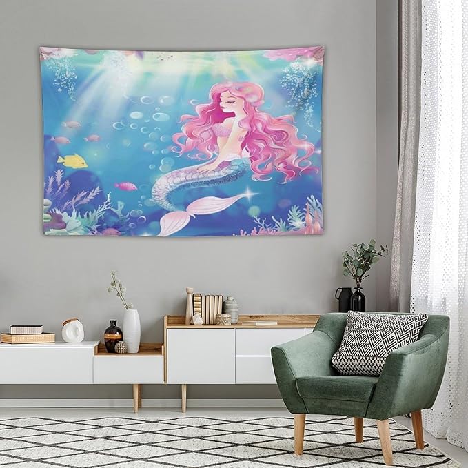 HZOHNAGO Mermaid Girls Tapestry Watercolor Mermaid Princess Pink Hair Pattern for Kids Room Decoration Printed Wall Tapestry Wall Hanging for Bedroom Living Room Dorm 60" W x 40" H-Ruum Studio Home