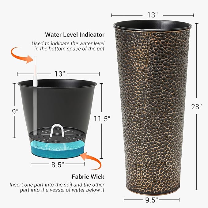 Worth Garden 2-Pack 28" H. Metal Planters with 2X Inside Pots - Hand-Hammered Texture Tall Narrow Cone Plant Pots - Large Handcrafted Bronze Flower Pot for Indoor Outdoor, Deck, Patio, Front Porch-Ruum Studio Home