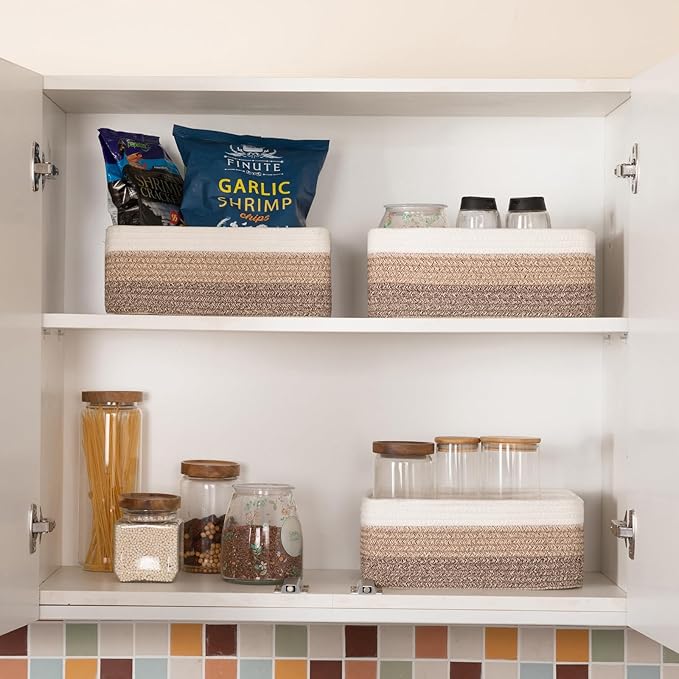 3 Pack Small Storage Baskets for Organizing, Cute Woven Decorative Gift Baskets for Shelves, Mini Closet Organizer Bins with Handles, 11.81''Lx7.87''Wx4.72''H-Brown White-Ruum Studio Home