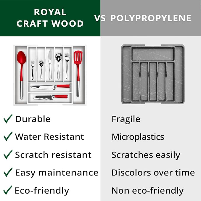 ROYAL CRAFT WOOD Luxury Bamboo Kitchen Drawer Organizer - Silverware Organizer - Utensil Holder and Cutlery Tray with Grooved Drawer Dividers for Flatware and Kitchen Utensils (9 Slot, White)-Ruum Studio Home