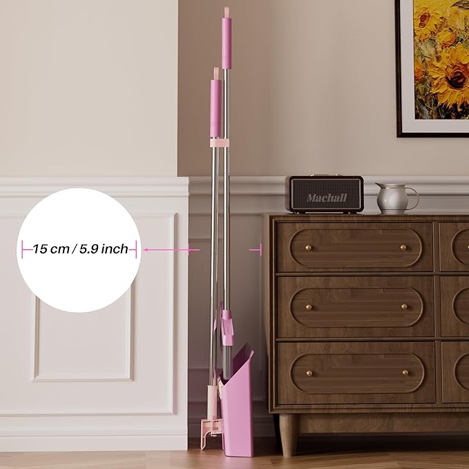 JOYMOOP Pink Broom and Dustpan Set, Upright Angle with Built-in Comb Teeth for Kitchen, Lobby, Pet Hair and Hard Floors-Ruum Studio Home