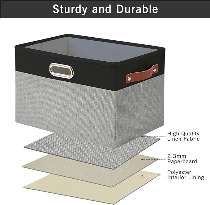 Large Collapsible Fabric Storage Bins with 3 Handles, Foldable Organizer Baskets for Closet, Shelves, Living Room | 3 Pack, Durable PU & Metal Handles (14.9"x9.8"x9.8", Black & Gray)-Ruum Studio Home