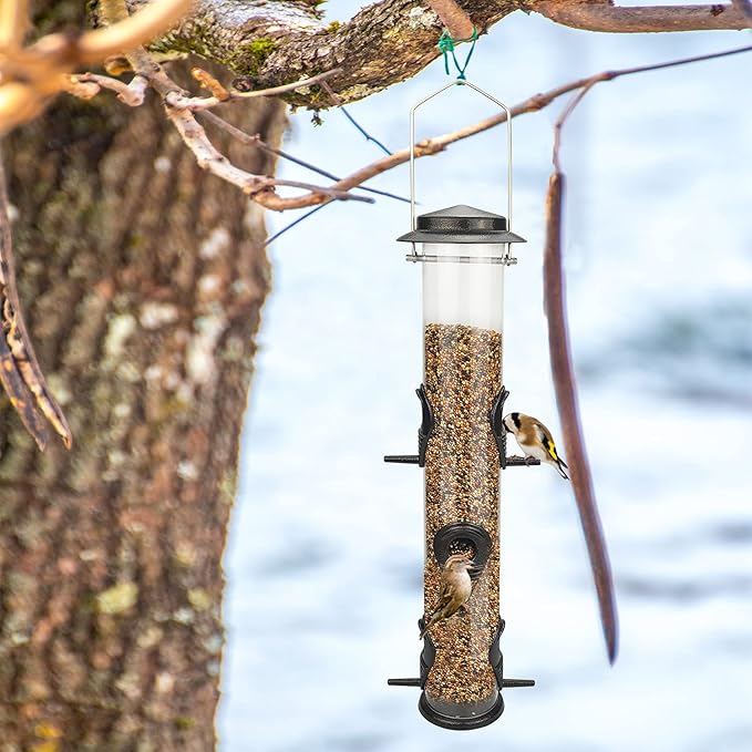 MIXXIDEA 2PK Metal Wild Bird Feeder Squirrel Proof Bird Feeders for Outside Hanging 6 Port Tube Bird Feeder Transparent Finch Feeder with Steel Hanger (Coffee)-Ruum Studio Home