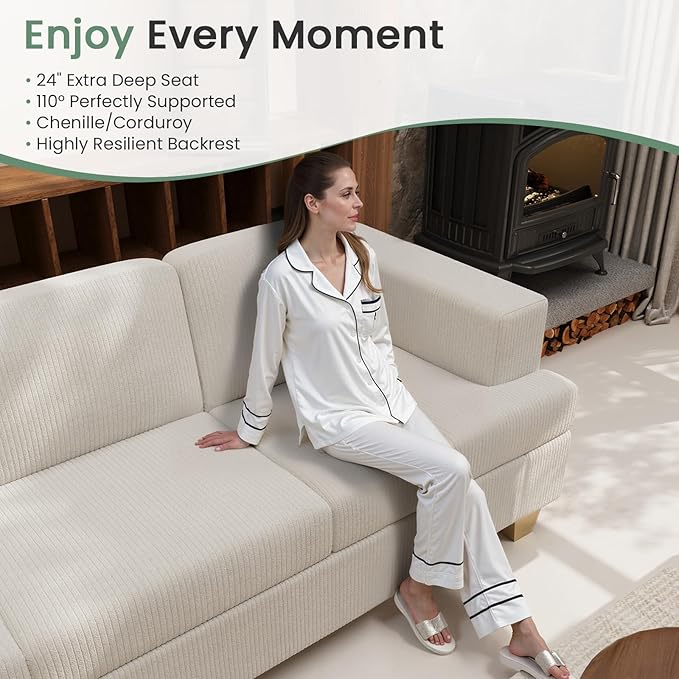 2 Pieces Corduroy Couch Set for Living Room, 5 Seats Cloud Sofa, Deep Seat Floor Couch for Bedroom, Futon Modern Sofa Bed, White Corduroy-Ruum Studio Home