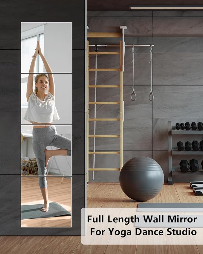 Full Length Wall Mirror Tiles, 12'' x 12'' x 4PCS, Acrylic Unbreakable Full Body Mirror for Bedroom Squares Shatterproof Mirror Sheets Wall Mounted for Home Gym Door Plexiglass Mirrors Safe for Kids-Ruum Studio Home
