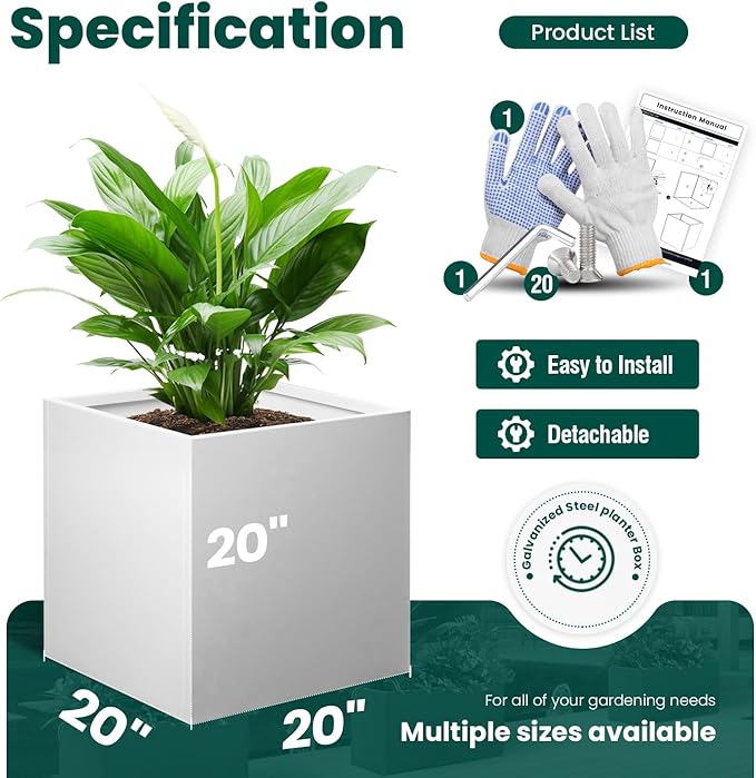 White Outdoor Planter Square Steel Planters Galvanized Steel Planter Box Indoor Metal Large Planters Cube Heavy Duty Flower Pot 20 Inch Modern Commercial Residential for Trees Patio Deck Yard Garden-Ruum Studio Home