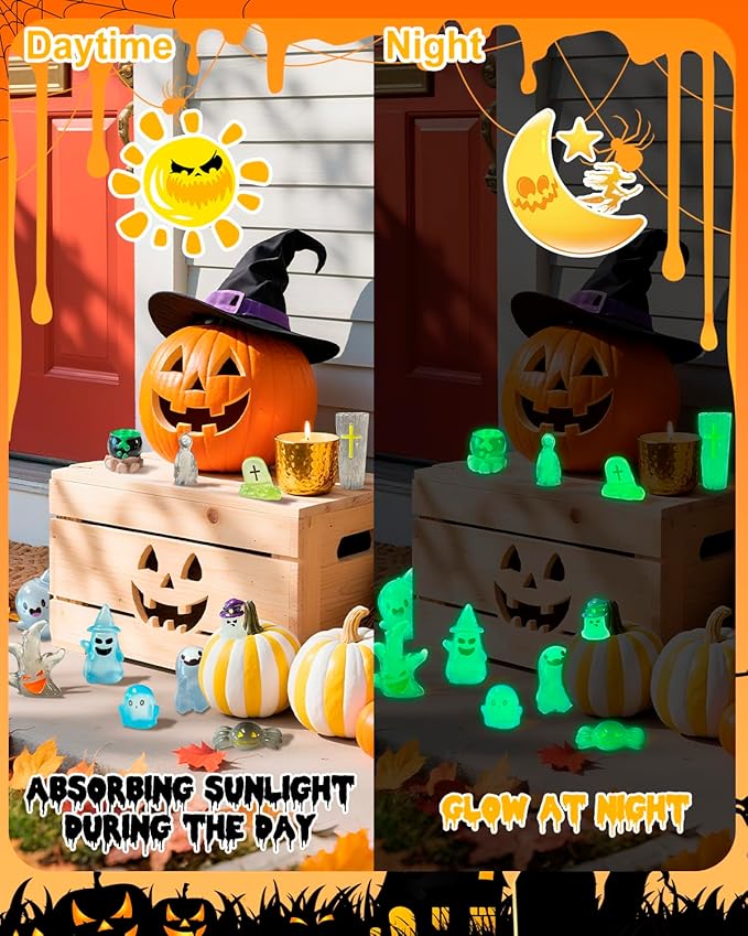 72 Pcs Halloween Mini Resin Animals Figures Kit - Luminous Tiny Resin Figurines Accessories, Glow in The Dark Miniature Ghost Figurines for Halloween Party, Micro Landscape, Tabletop Decor-Ruum Studio Home