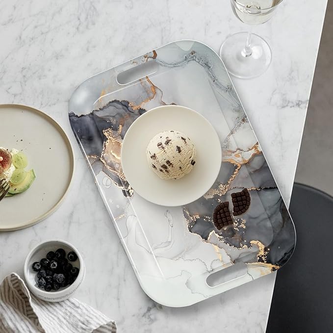 Serving Trays with Handles, 14.5 x 9.8 inch Rectangular Plastic Tray for Restaurant, Kitchen, Gray and Golden Marble-Ruum Studio Home