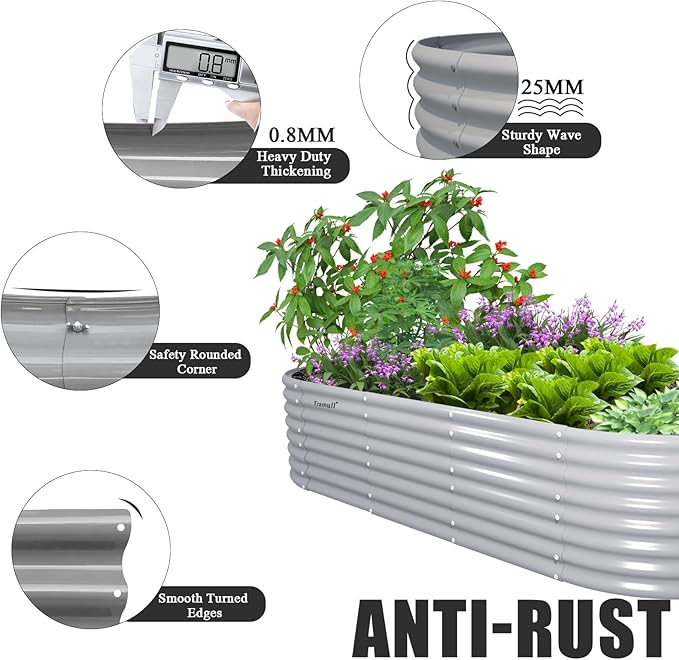 1 Pack 8x3x2FT Galvanized Raised Garden Bed Kit Oval Metal Ground Planter Box Outdoor Bottomless Planter Raised Beds for Vegetables Flowers Herbs Fruits, Gray-Ruum Studio Home
