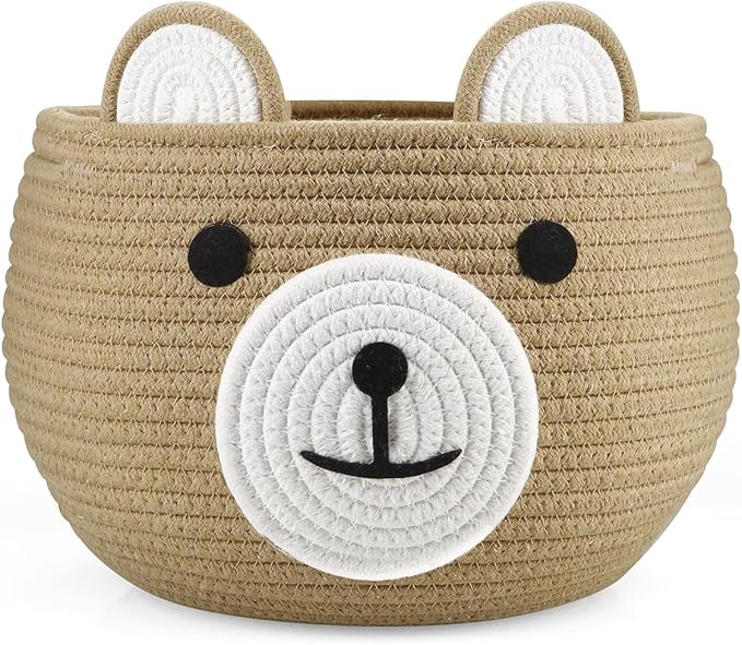 PandaEar Cotton Rope Baby Basket, Baby Gift Basket Nursery Laundry Organizer with Cute Bear Design for Storage Infant Newborn Essentials, Diaper Caddy with Handle (Brown)-Ruum Studio Home