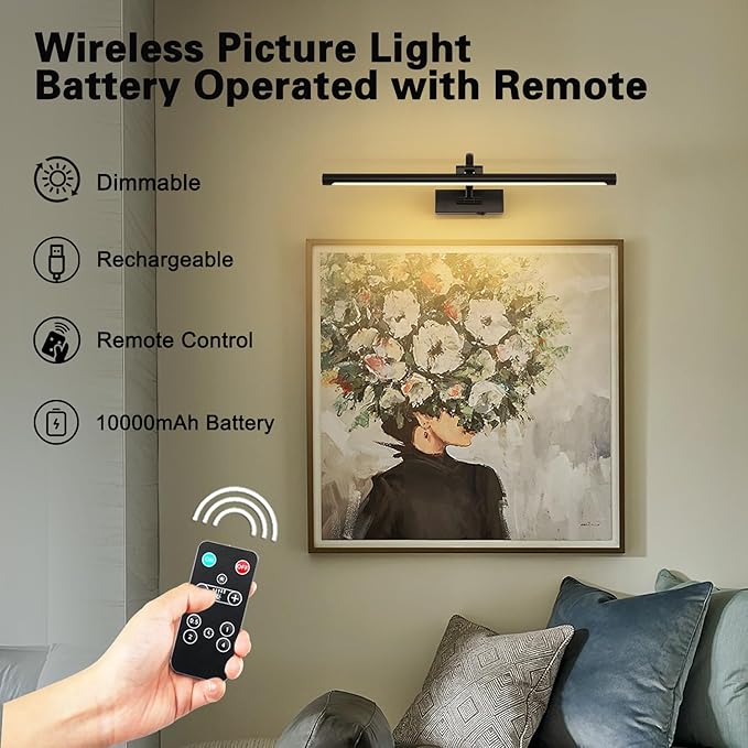 Dimmable Black Picture Lights with Remote and Timer Wireless Art Lights Rechargeable Gallery Lighting for Canvas Portrait 24'' Inch 5W Warm White-Ruum Studio Home