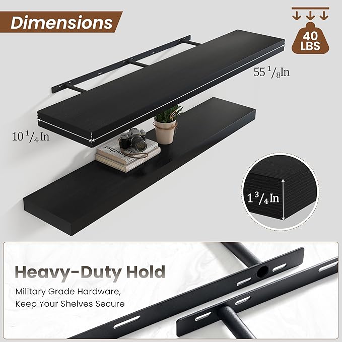 Heimlove 55 Inch Floating Shelves for Wall,10 Deep Large Black Wall Shelf with Heavy Duty Brackets,Wall Mounted Storage & Display Shelves for Bedroom,Living Room,Kitchen,Office-Ruum Studio Home