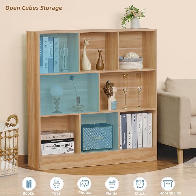 LEYAOYAO 8 Cube Bookshelf with Wood Base,Natural 3 Tier Mid-Century Modern Bookcase,Standing Wide Bookshelves Storage Organizer Shelf,Rustic Display Cabinet Book Shelves for Bedroom,Living Room-Ruum Studio Home