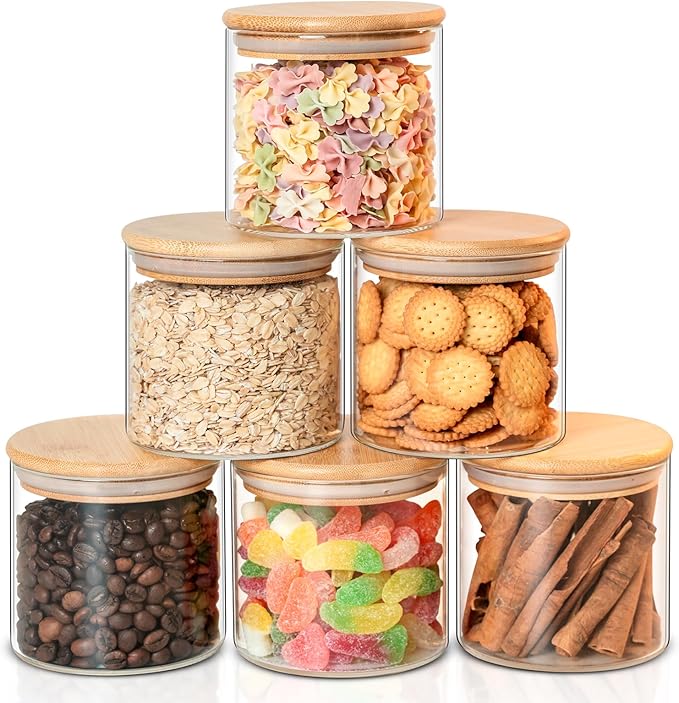 Glass Food Storage Jars 6-Pack - 4x4 in-Clear Glass Food Canisters with Bamboo Lid Airtight For Serving Tea, Coffee, Flour, Sugar, Candy, Cookie, Spice and More (Circular)-Ruum Studio Home