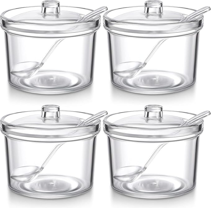 Patelai 4 Pieces Sugar Bowl Acrylic Clear Sugar Bowl with Lid and Salt Spoon Storage Jar with Airtight Lid for Salt, Tea, Spices, Herbs, Condiments(7.1 oz)-Ruum Studio Home