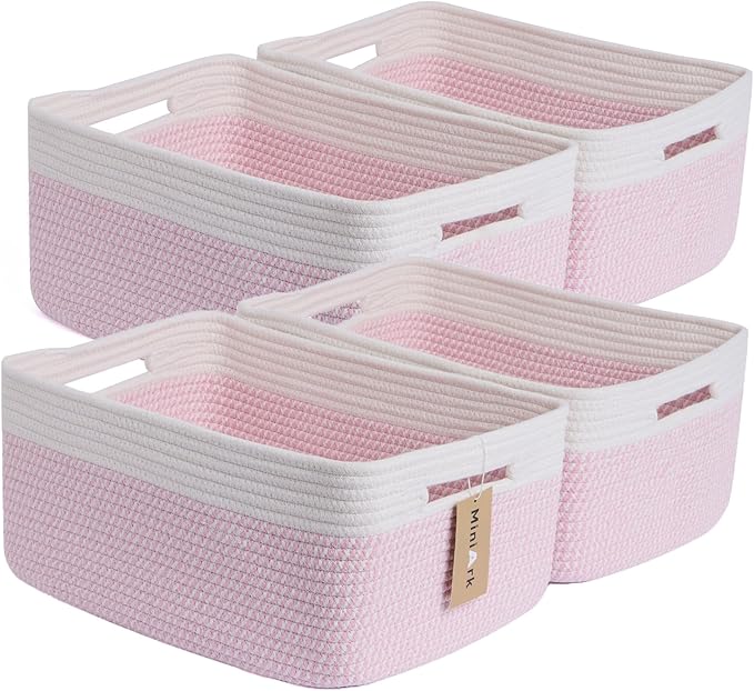 Large Storage Baskets for Organizing, Closet Shelf Baskets for Clothes Blanket Towels, Baby Nursery, Toy Bins Box, Woven Rope Baskets, 17 x 13 x 7.5”, 4 Packs Woven Pink-Ruum Studio Home