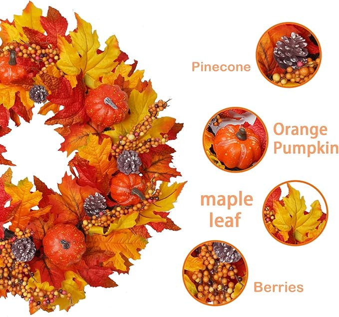 DiliComing Fall Wreath Front Door Wreath - 20 inch Fall Wreaths for Front Door, Autumn Wreaths with Pumpkin Maple Leavses for Indoor Outdoor Outside, Home Decor for Thanksgiving Harvest-Ruum Studio Home