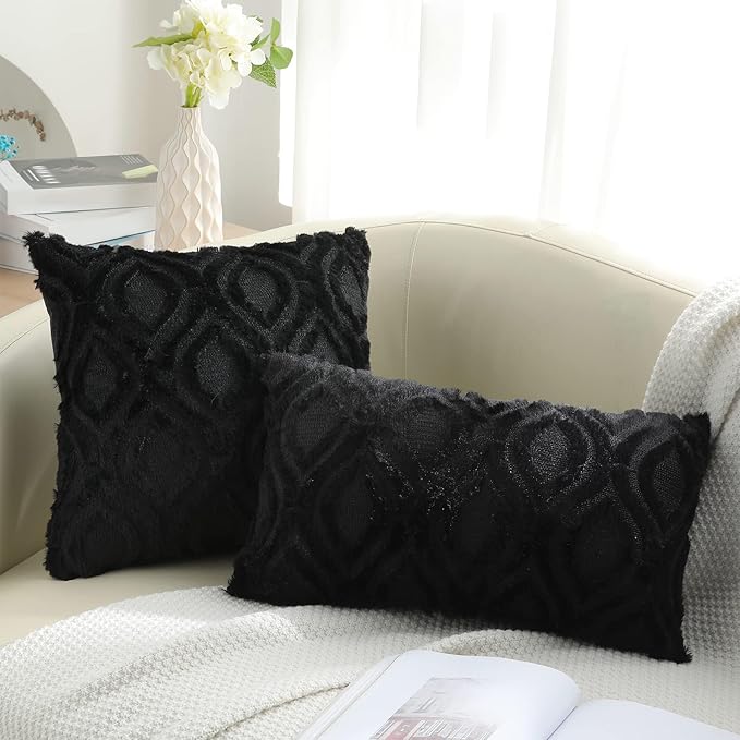 decorUhome Fall Throw Pillow Covers 12x20 Inch Set of 2, Soft Plush Decorative Faux Fur Black Solid Couch Pillow Covers, Accent Farmhouse Neutral Lumbar Euro Pillow Cases for Sofa Bed Living Room-Ruum Studio Home