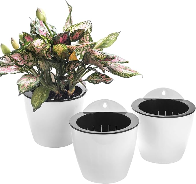 3 Pack Self Watering Wall Hanging Planter Pots Vertical Garden Window Hang Mount Indoor Outdoor Plant Flower Basket for Kitchen Herbs Balcony Railing Shelf Fence Bedroom Trellis Decor Modern White Box-Ruum Studio Home