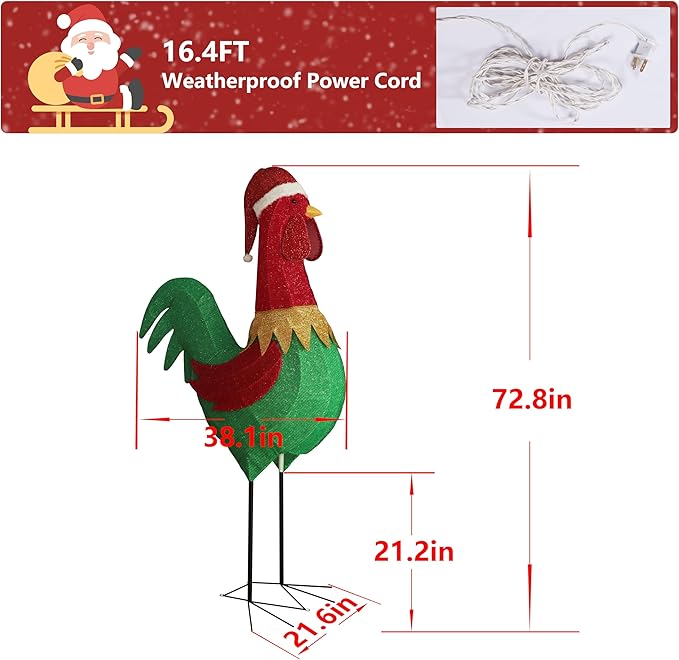 6FT Lighted Rooster with Christmas Hat for Outdoor Christmas Decorations, 3D Pre-Lit Iridescent Rooster Xmas Decor, Glittered Standing Holiday Display Rooster for Outdoor, Indoor-Ruum Studio Home