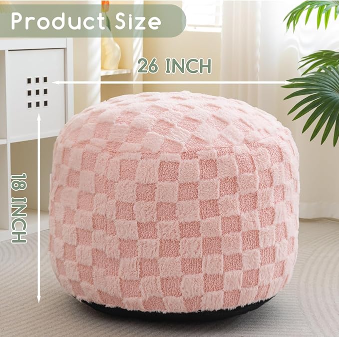 HIGOGOGO Round Stuffed Pouf Ottoman, Plaid Poufs with Foam Chunk Filling, Fluffy and Furry Pouf Foot Stool Storage Ottoman, 26 X 18 Floor Poufs Foot Rest for Living Room, Pink-Ruum Studio Home