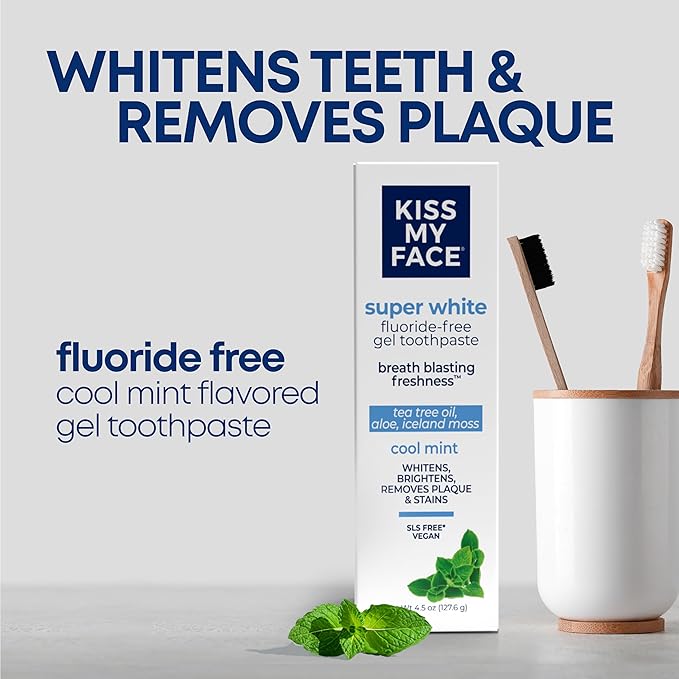 Kiss My Face Super White Toothpaste Gel, Cool Mint Flavor, Removes Plaque and Stains, Teeth Whitening Toothpaste, Fluoride Free, Vegan, 4.5 oz, 3 Pack-Ruum Studio Home