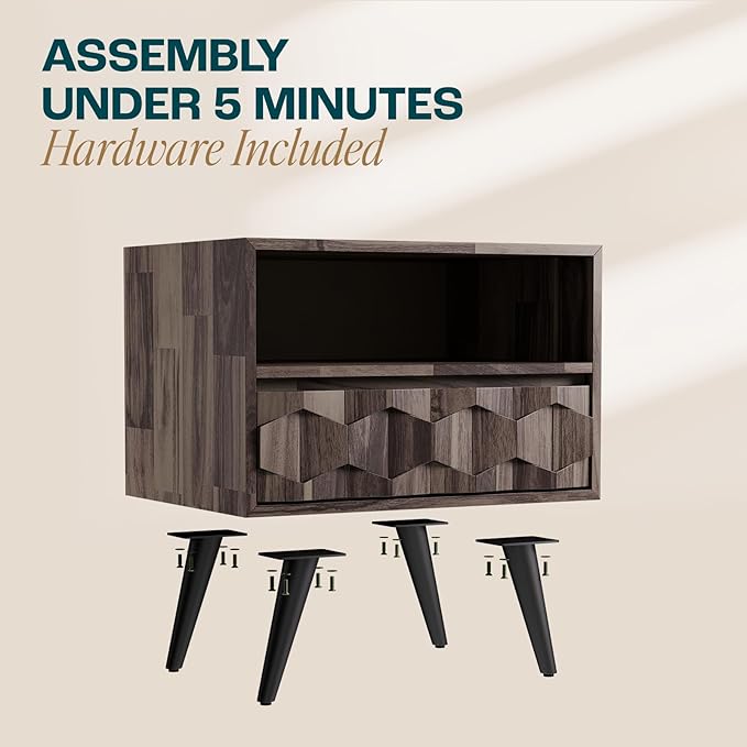Bme Georgina Solid Wood Nightstand with 1 Drawer & Open Shelf- Fully Assembled Mid Century Modern Side Table - Geometric Pattern Bedside Dresser for Bedroom and Living Room, Mocha-Ruum Studio Home